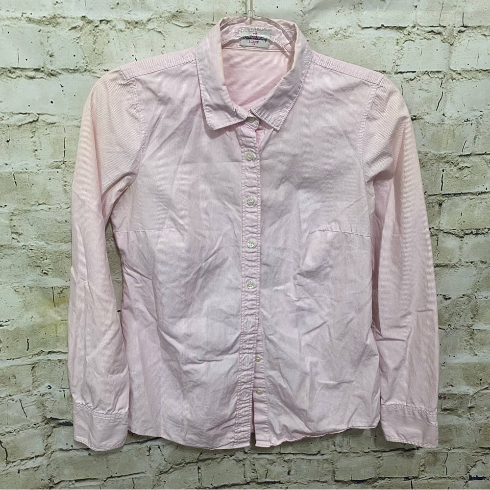 J Crew Pink White Pen Striped Cotton Haberdashery Button Up Top
